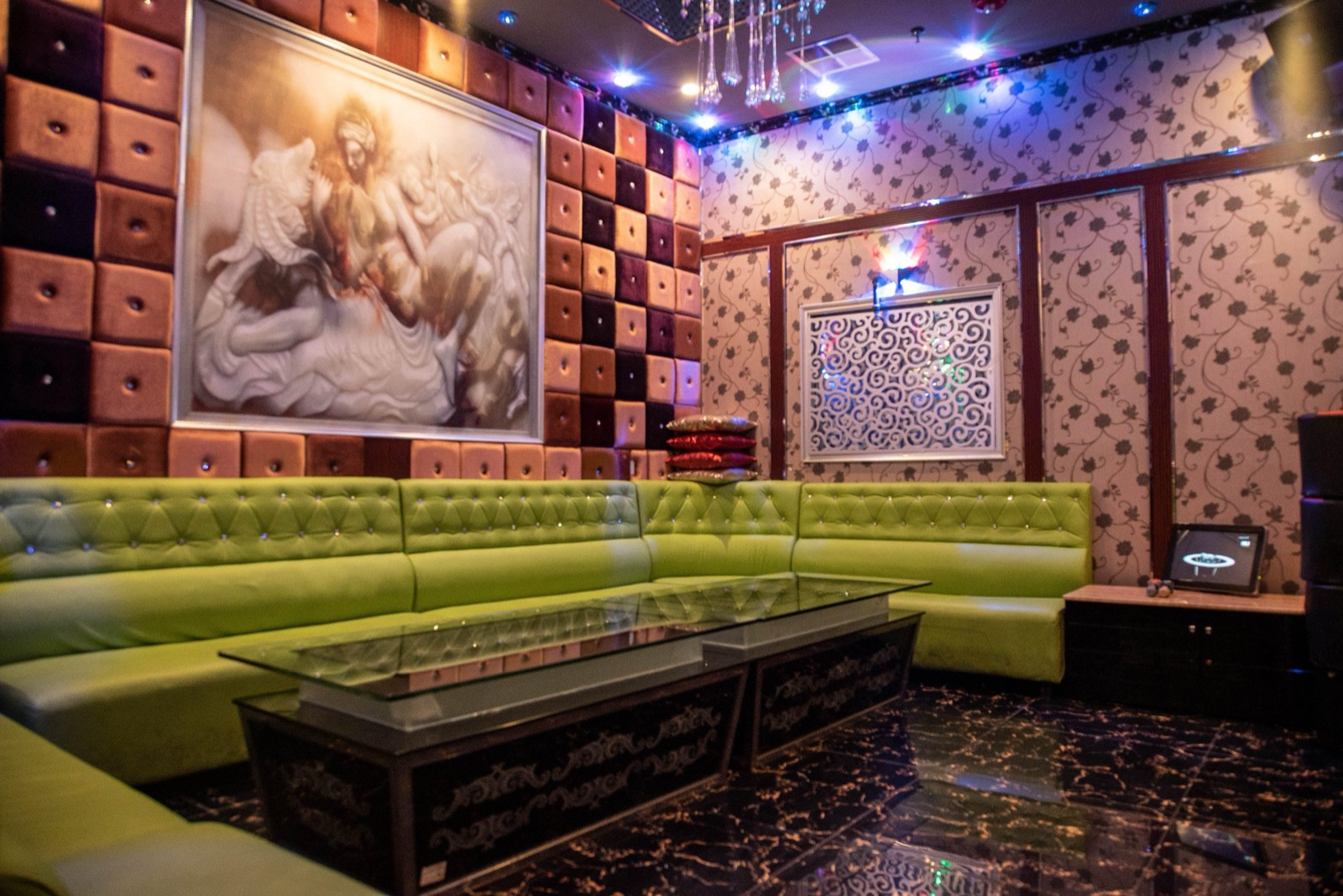Golden Lounge KTV luxury private karaoke room with colorful lighting in Fremont CA